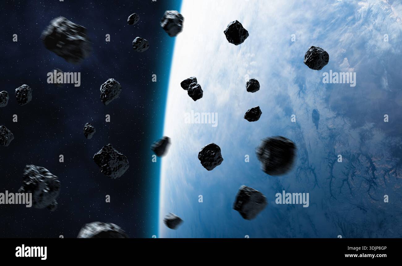 Erdplanet und Asteroidengürtel im Raum. Meteoriten. Blick auf den Planeten Erde aus dem Weltraum. Meteorit auf der Orbita. Diese Bildelemente wurden von der NASA bereitgestellt. Stockfoto