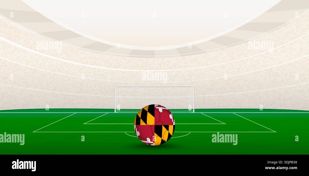 Marylander Football Stadium mit National Flag Soccer Ball. Eine lebendige Illustration eines Fußballfeldes in einem modernen Stadion. Stock Vektor