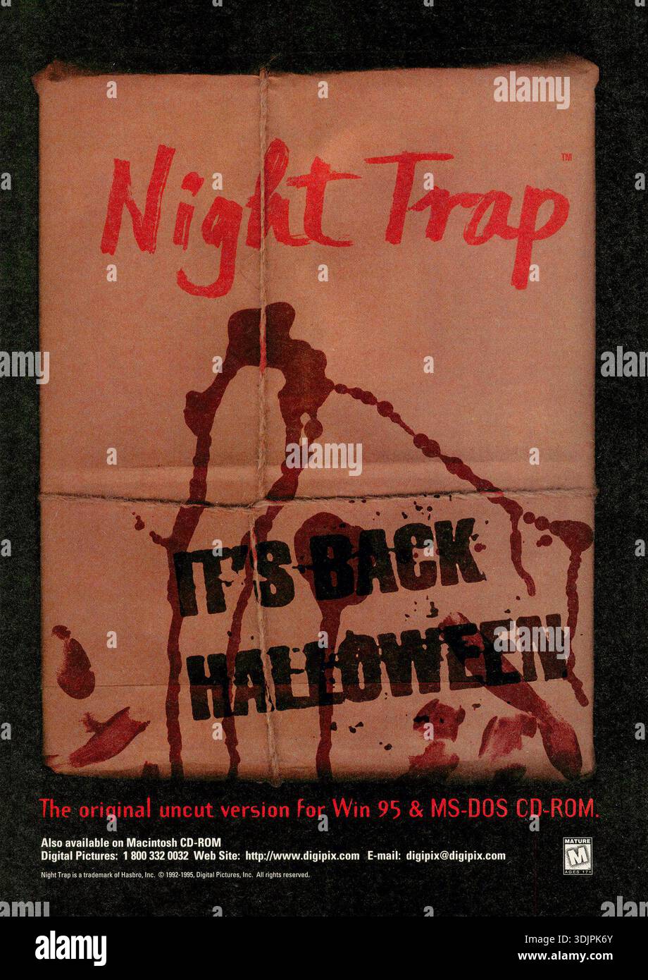 1995 Full Motion Video (FMV) Spiel Night Trap Halloween Werbespot. Das Spiel ist ein interaktiver Film, in dem der Spieler Live-Überwachungsaufnahmen eines Hauses überwacht und Fallen aktiviert, um Eindringlinge zu fangen. Stockfoto