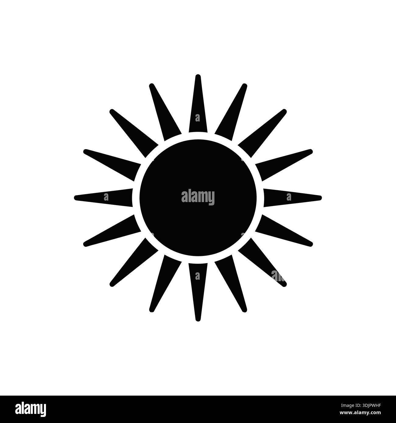 Symbol der schwarzen Sonne mit scharfen Strahlen auf weißem Hintergrund, die Sommer, Hitze, Wetter und Licht darstellen. Stock Vektor