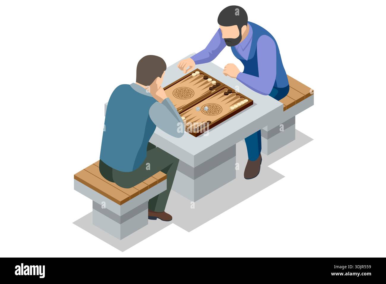 Backgammon-Platine. Isometrische Backgammon-Platine mit Chip und Würfeln. Traditionelles Tabletop-Spielkonzept für Strategie, Logik und Freizeit-Illustration in Stock Vektor