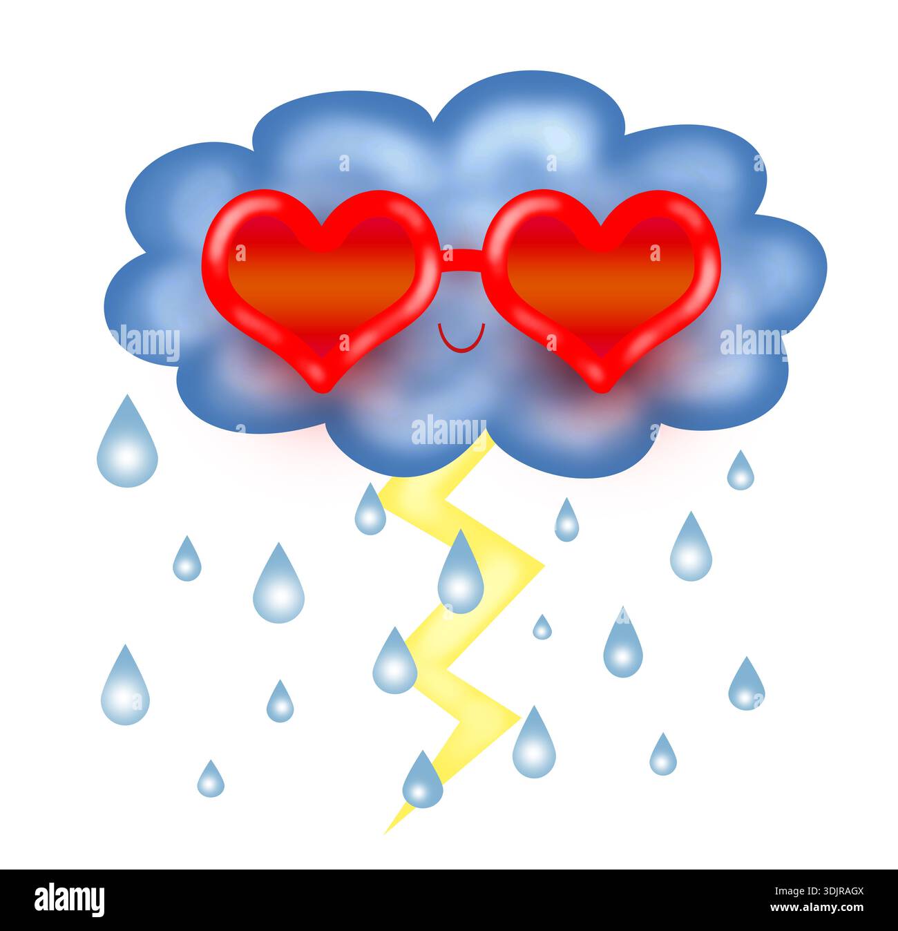 Romantische Regenwolke mit Blitz- und Herzbrille Stockfoto