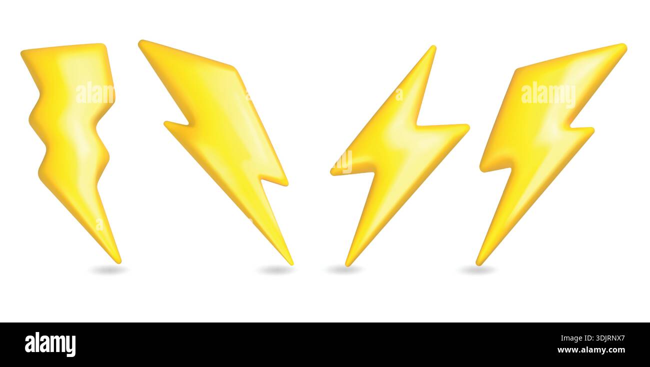 3D-Blitzsymbol. Gelber Pfeil aus Plastik, Zeichentrickfilm-Energie-schnell-Zeichen. Blitzlicht-Leistungssymbol realistische Darstellung, Geschwindigkeitsschlag und Blitzschlag. Vektor-isolierter Satz des Batterieladegeräts. Stock Vektor