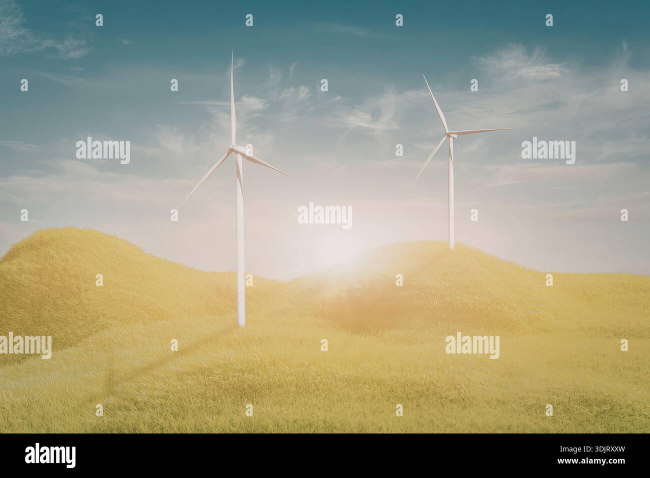 Dieses Bild zeigt drei Windturbinen, die hoch in einem üppigen grünen Feld unter einem klaren blauen Himmel stehen. Die Sonne geht unter und strahlt ein warmes Leuchten über Stockfoto