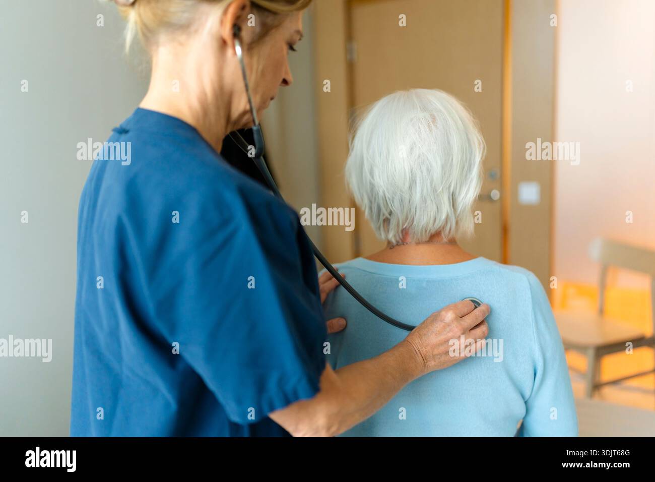 Rückansicht einer ärztlichen Gutachterin, die den Rücken einer Seniorin mit Stethoskop in der Klinik untersucht Stockfoto