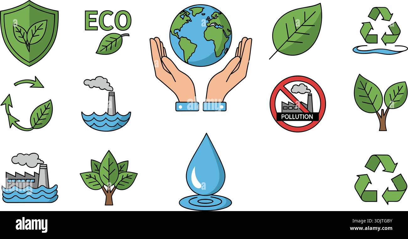Umwelt Nachhaltigkeit Icons Set, Umweltfreundliche Grüne Energie Flache Vektor-Illustration Stock Vektor