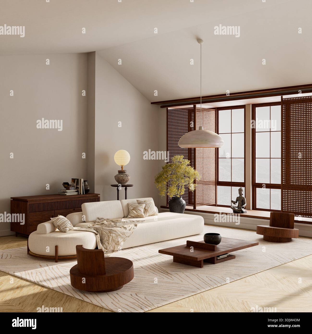 Die erweiterte Perspektive hebt die Möbelabstände, sanfte Schatten und eine harmonische Dekorsprache hervor und schafft eine ausgewogene, einladende Innentiefe. 3D-Illustraten Stockfoto