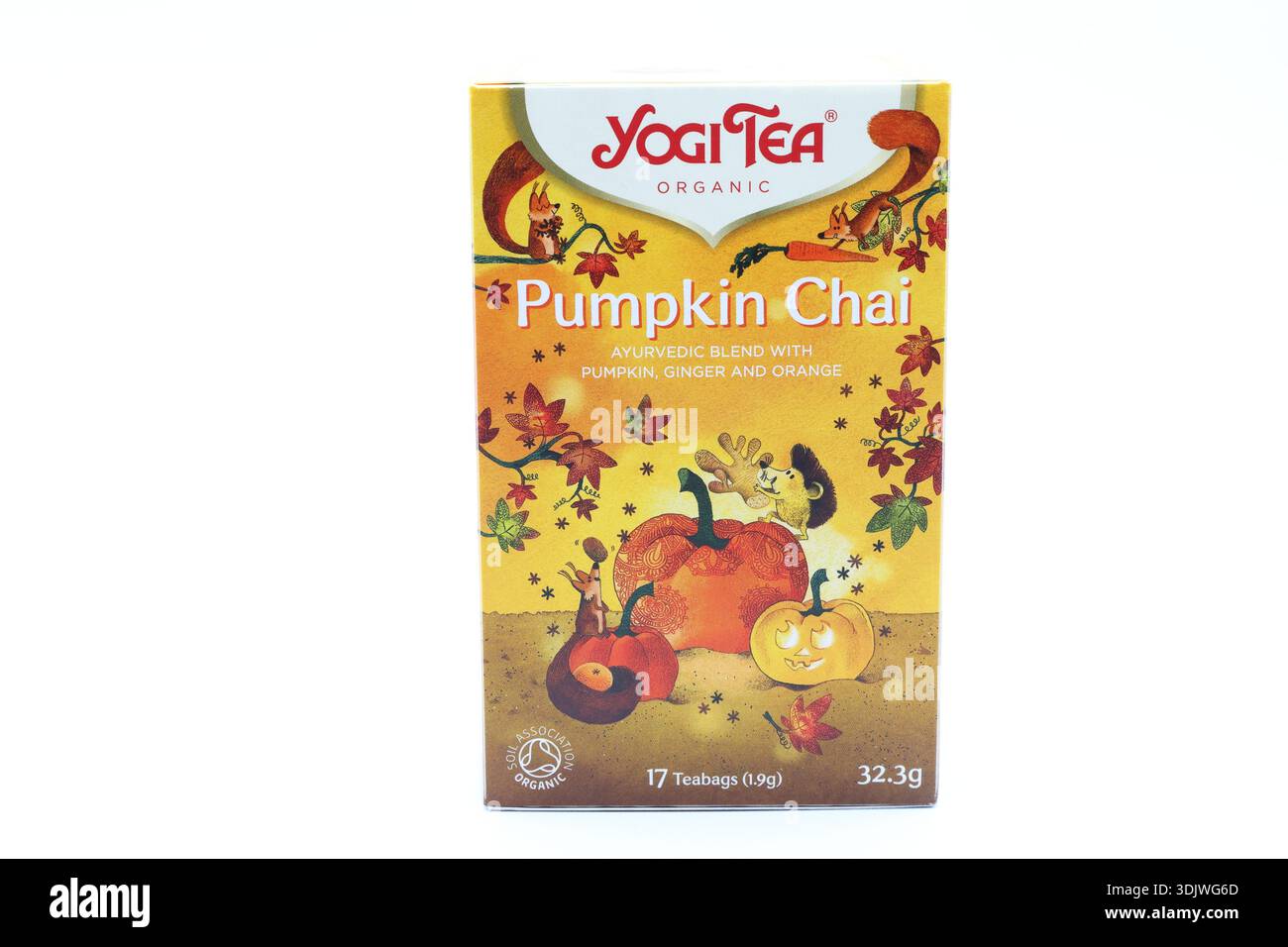Pumkin Chai Tee. Bio-Yogi. Weißer Hintergrund. Stockfoto