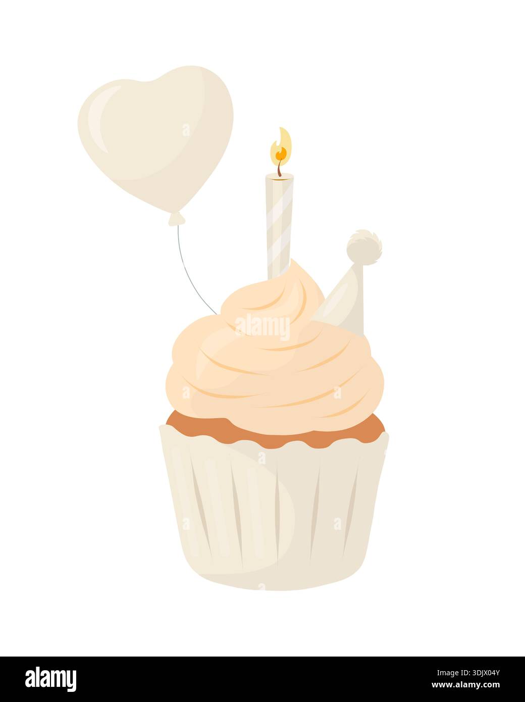 Neutraler beiger Geburtstagskuchen mit cremigem Swirl-Frosting, beleuchteter Streifenkerze, Partyhut und Herzballon. Minimale Pastell-Ebene Vektorillustration Stock Vektor