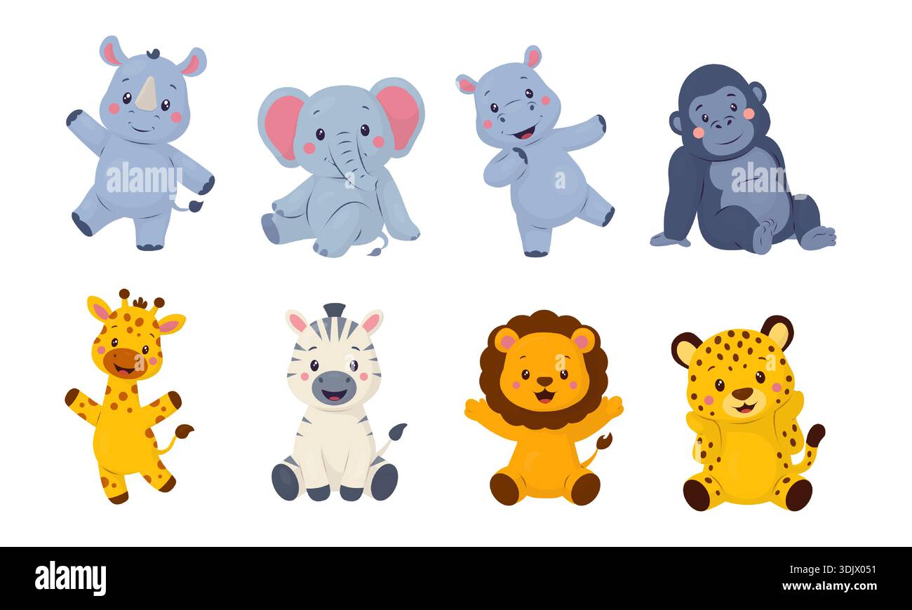 Ein Set süßer Baby-Safari-Tiere: Ein Elefant, ein Nashorn, ein Nilpferd, ein Gorilla, eine Giraffe, ein Zebra, ein Löwe und ein Leopard. Stock Vektor