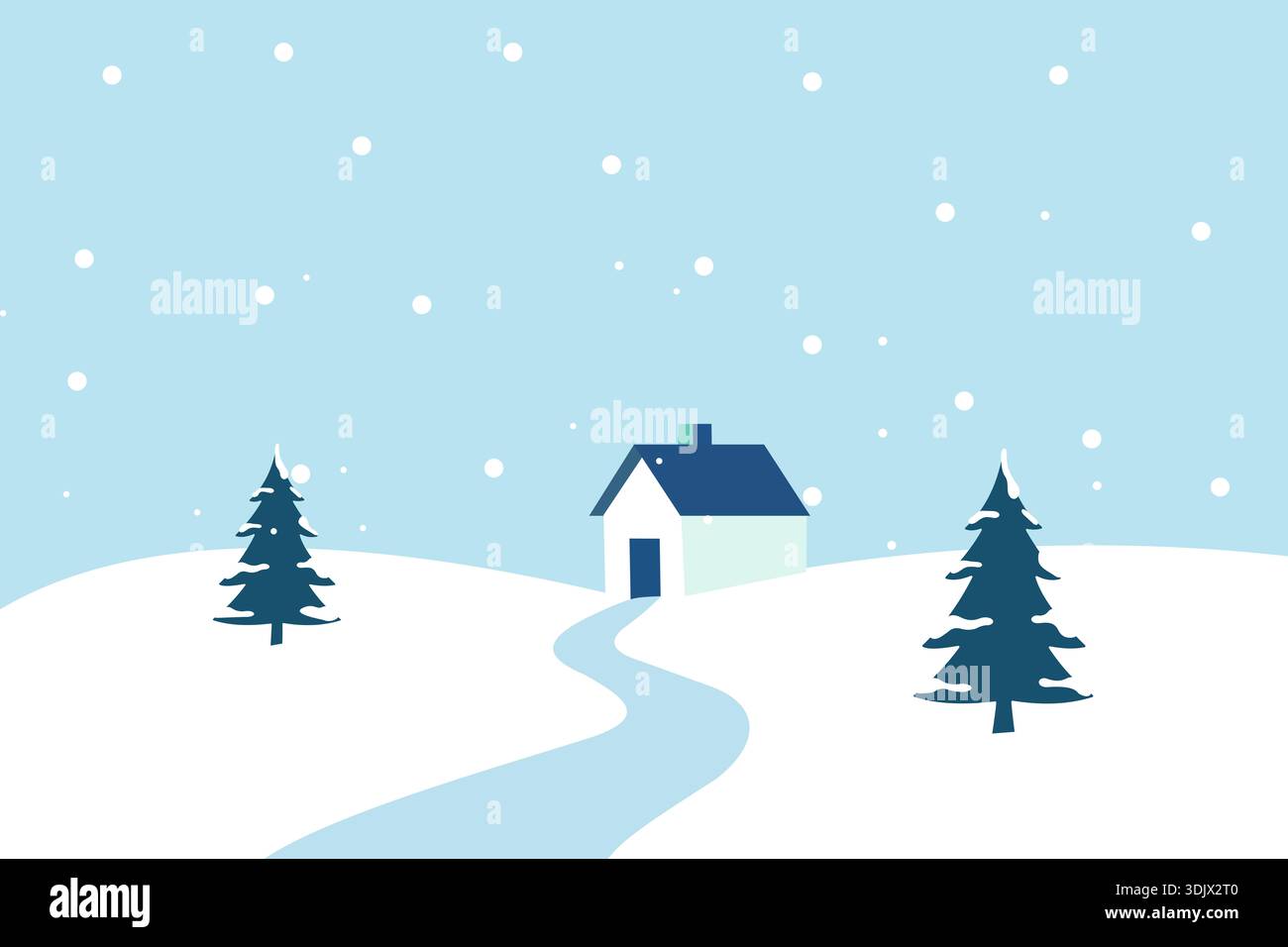 Vektor-Illustration einer friedlichen Schneelandschaft mit einem kleinen Haus, einem gewundenen Pfad und Kiefern unter einem hellblauen, schneebedeckten Himmel. Ruhiger und gemütlicher geldautomat Stockfoto
