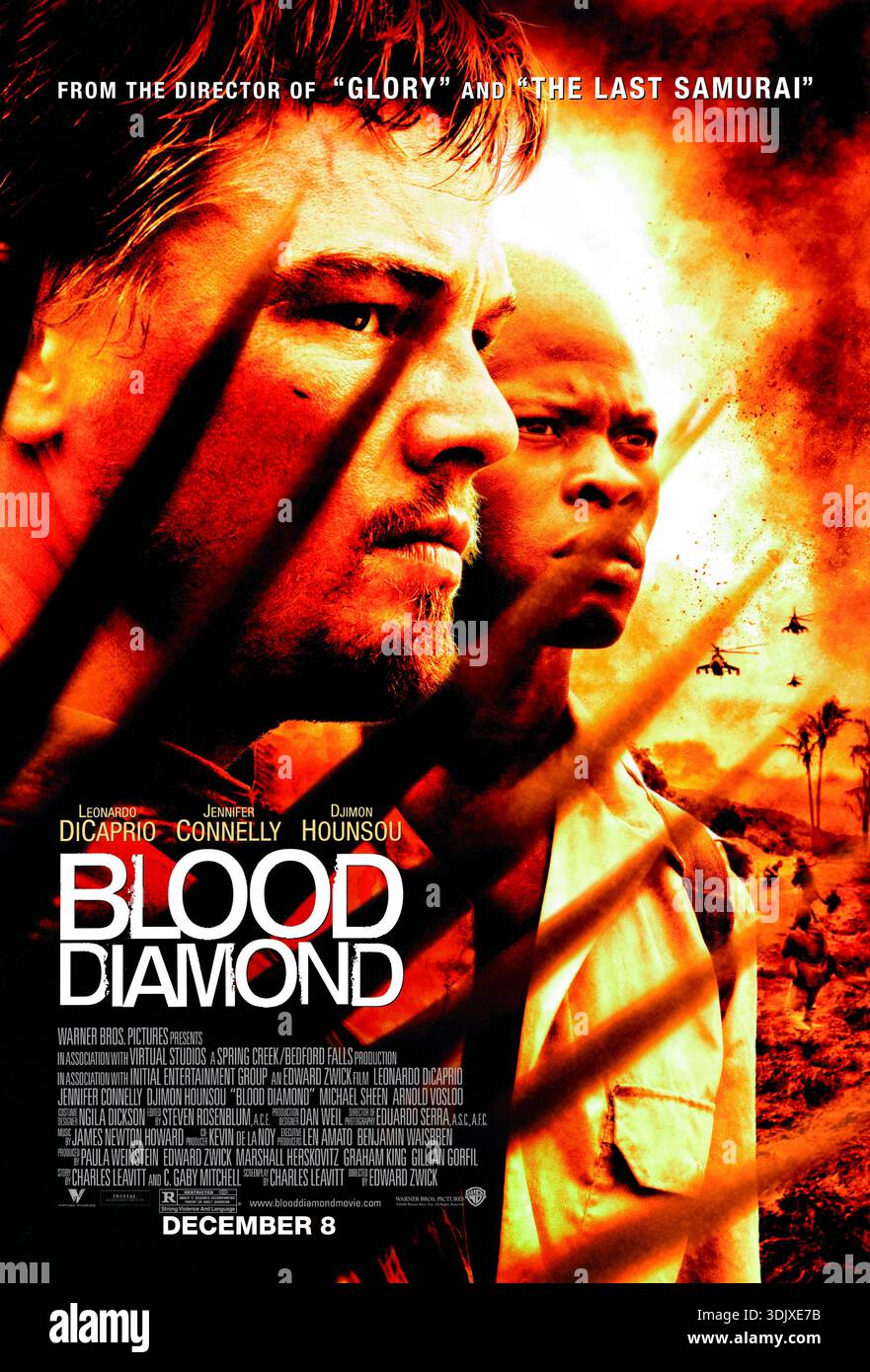 Blood Diamond (2006) von Edward Zwick mit Leonardo DiCaprio, Djimon Hounsou und Jennifer Connelly. Ein Schmuggler und ein Fischer in Sierra Leone der 1990er Jahre riskieren alles, um einen seltenen rosa Diamanten zu finden, der eine Familie wiedervereinen und den brutalen Handel aufdecken könnte, der Bürgerkrieg finanziert. Foto eines Original-Posters aus dem Jahr 2006 (USA), das NUR FÜR REDAKTIONELLE ZWECKE VERWENDET WIRD. Quelle: BFA / Warner Bros Stockfoto