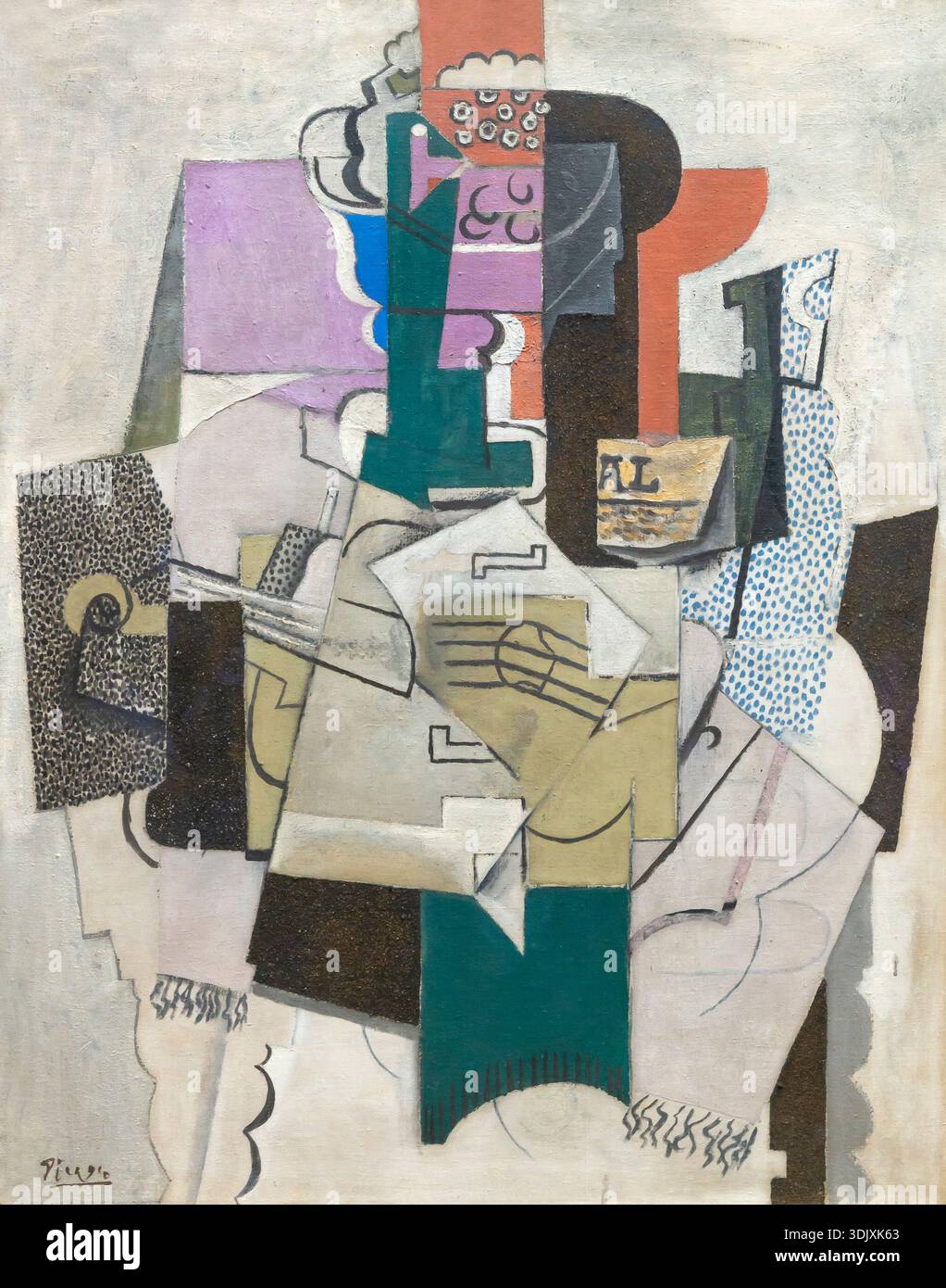 Obstschale, Flasche und Violine, Pablo Picasso, 1914 Stockfoto