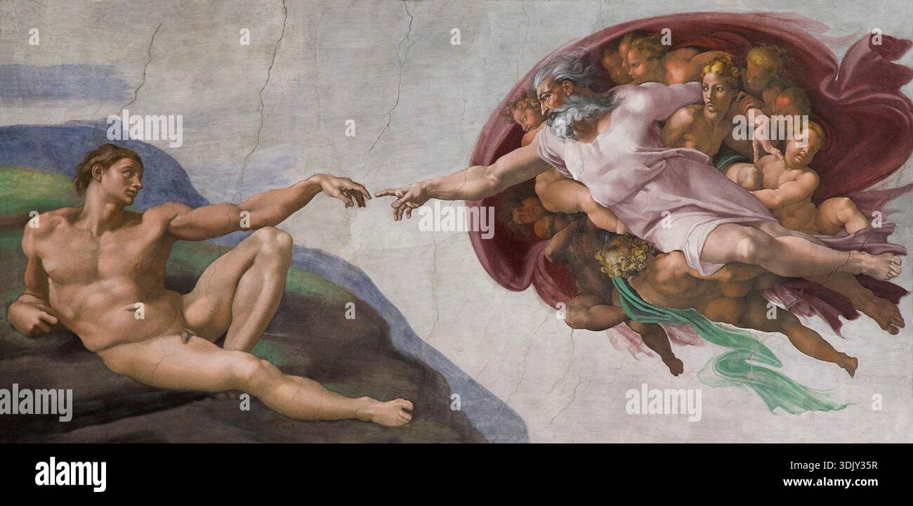 Erschaffung des Adam-Freskos, Decke der Sixtinischen Kapelle, von Buonarroti Michelangelo, 1511-1512 Stockfoto
