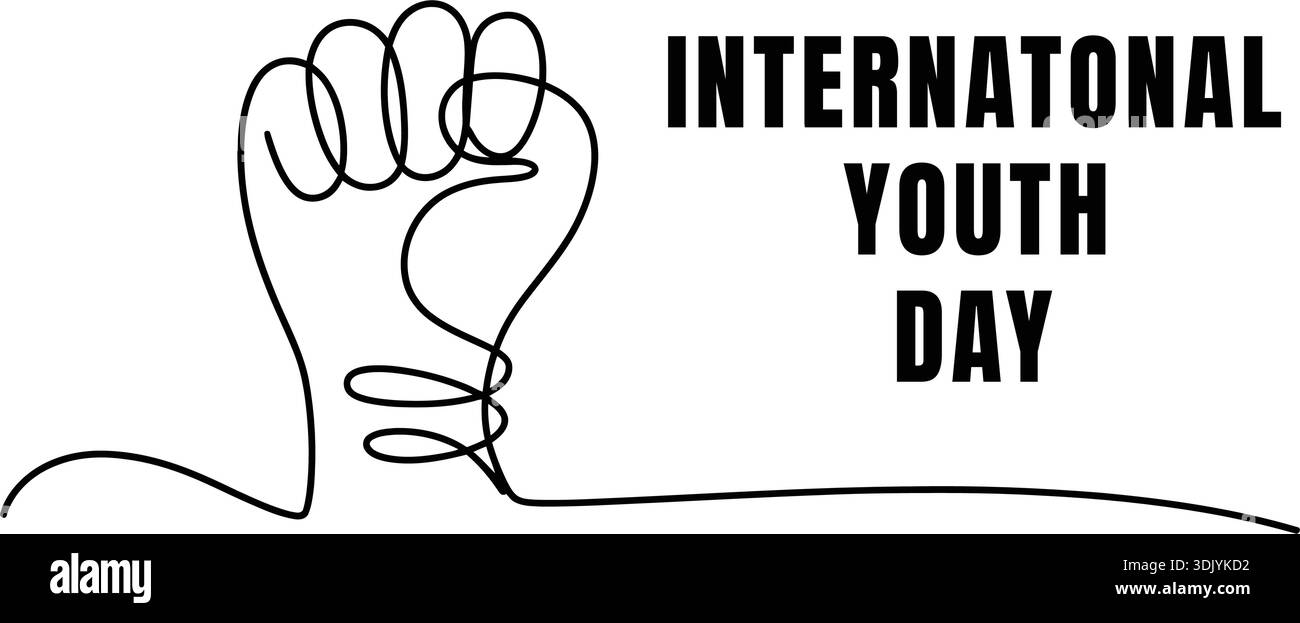 Internationales Jugendtag Minimal Line Art Poster mit erhöhtem Faustsymbol und moderner Typografie auf weißem Hintergrund Stock Vektor