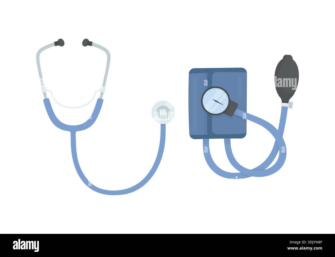 Blaues Stethoskop und mechanisches Tonometer auf weißem Hintergrund. Elemente der Medizin. Blutdruckmessung. Pflege der Herzgesundheit. Stock Vektor