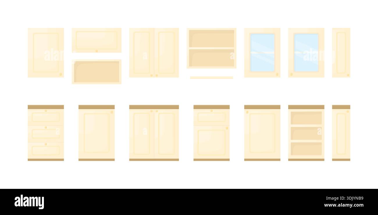 Küchenmöbel auf weißem Hintergrund. Beige Küchenschränke, oben und unten. Innenraum der Küche. Stock Vektor