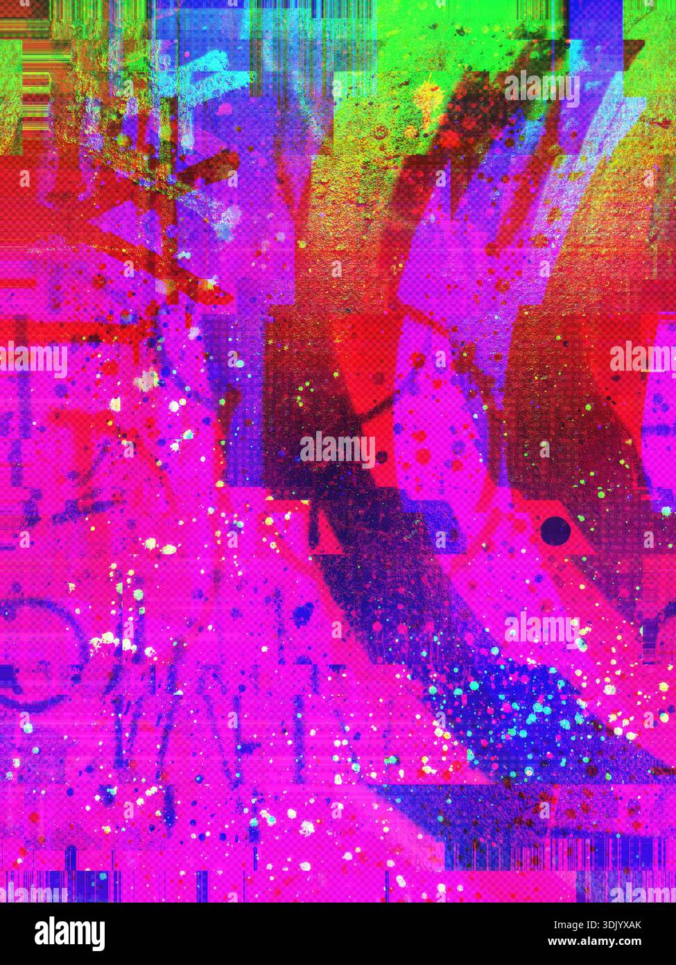 Abstrakte Wandkunst in Urban Graffiti in Neonpink, Blau, Grün mit Glitch-Effekt für 90er Jahre, Y2K Street Style Stockfoto