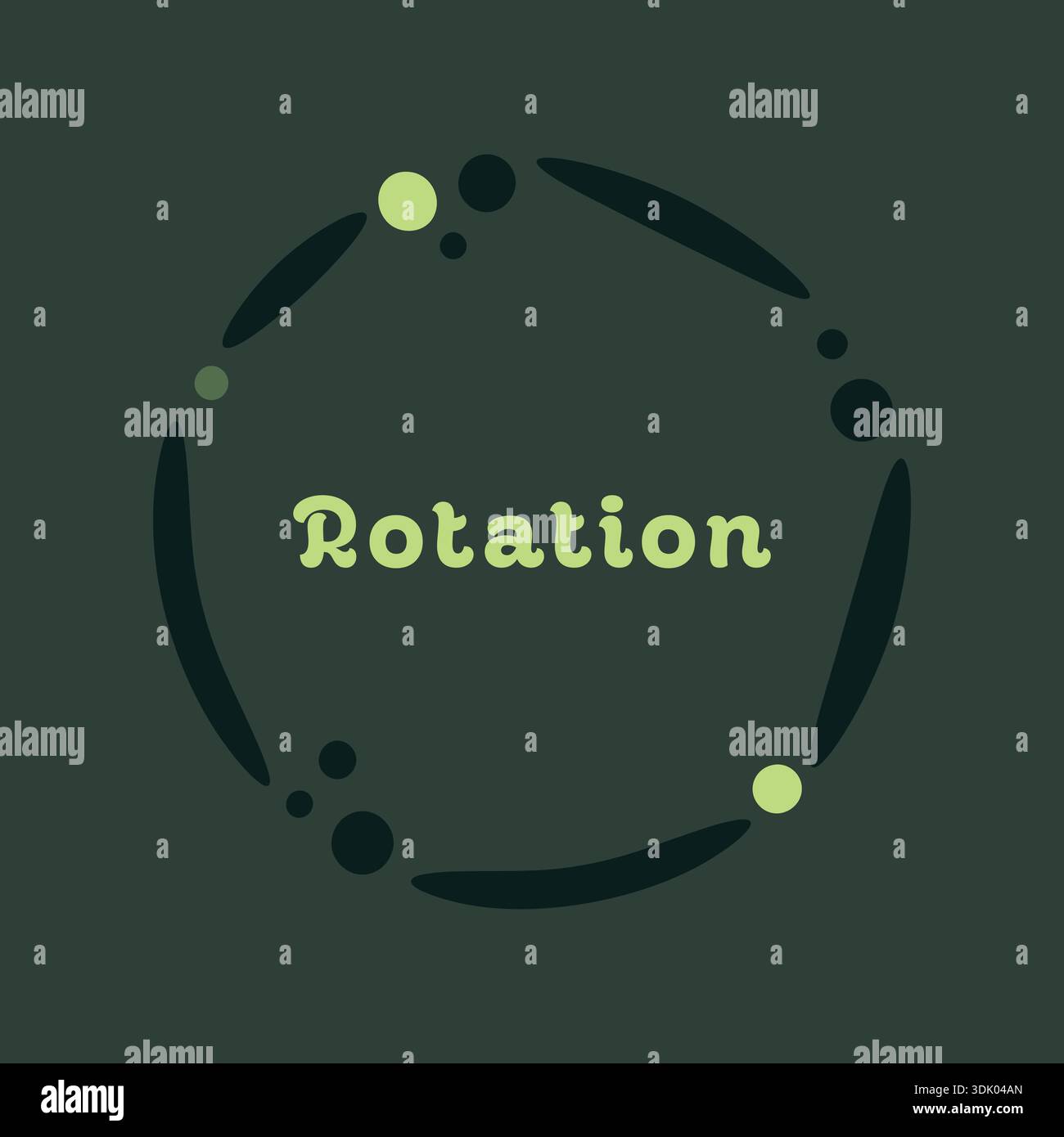 Kreisförmiges Etikett mit Drehtext und kleinen Punkten, die um einen Ring auf dunkelgrünem Hintergrund kreist Stock Vektor