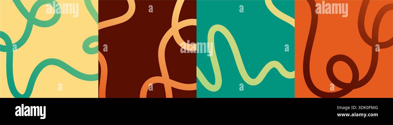 Lebendige Wellenmuster mit bunten Verläufen und fließenden Kurven. Moderne Grafik mit verspielten Spiralelementen, dynamischen Loops und lustigen geometrischen Elementen Stock Vektor