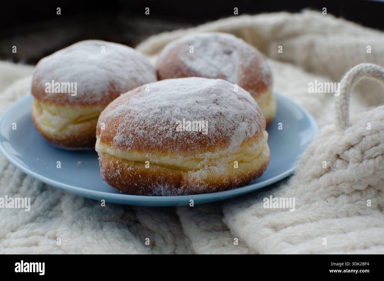 Köstliche Donuts auf blauem Teller mit Puderzucker, süßer Snack Stockfoto