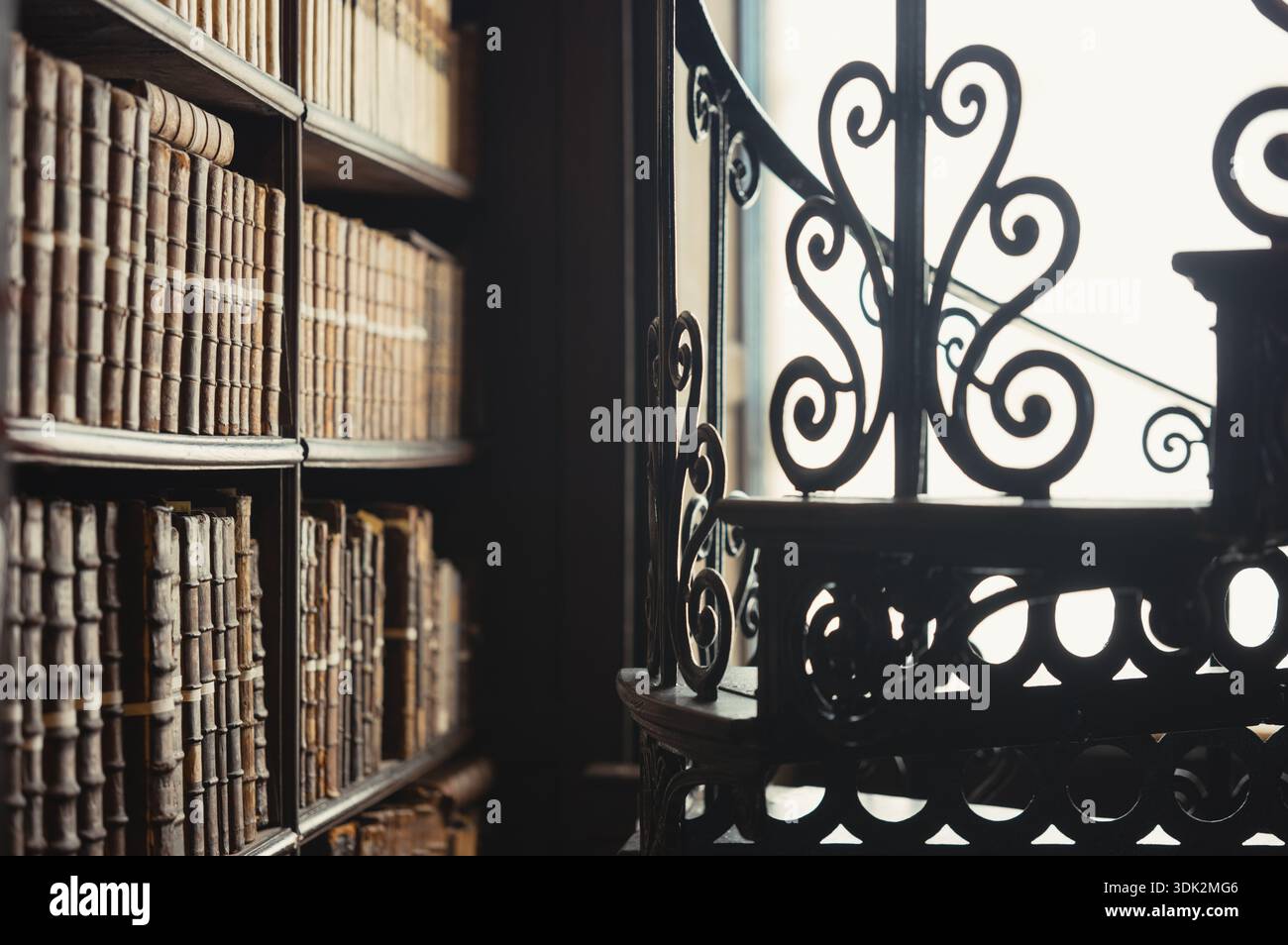 Innenraum der historischen Bibliothek mit Bücherregalen und schmiedeeiserner Treppe Stockfoto
