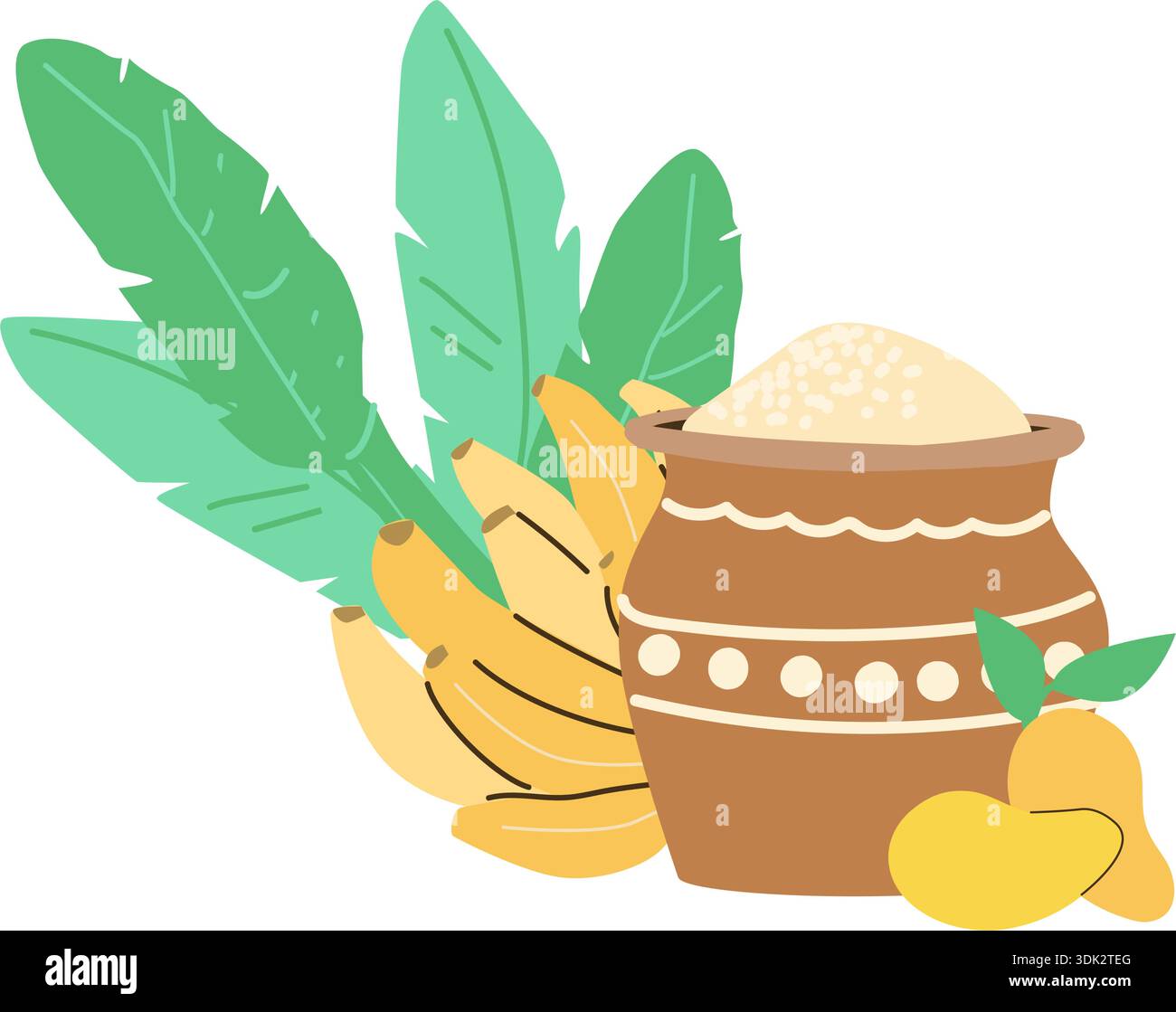 Tontopf Reis und Bananen mit Blättern, Mangobrüchten. Vektor-Zeichentrick flache Illustration kann für indische Erntefeste und Feiertage Pongal, Mak verwendet werden Stock Vektor