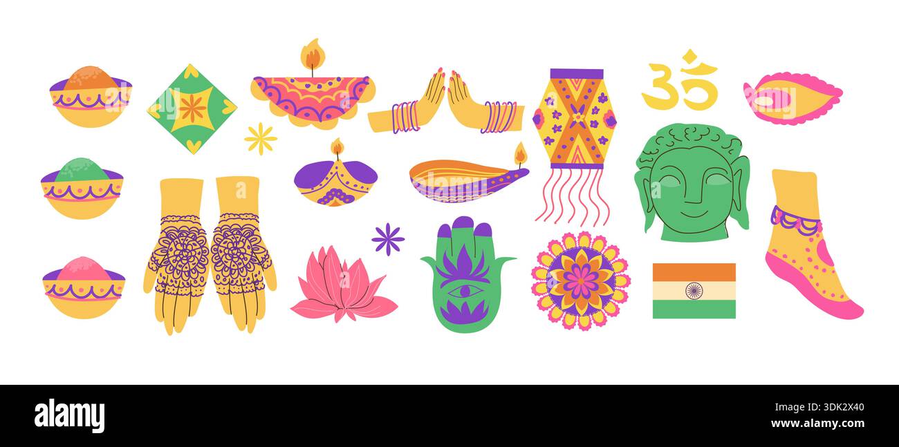 Indische Nationalsymbole und Kultursymbole. Vektor-Zeichentrickfilm flache Illustration isoliert. Holi- und diwali-Festivals, Mehendi- und Meditationselemente. Co Stock Vektor