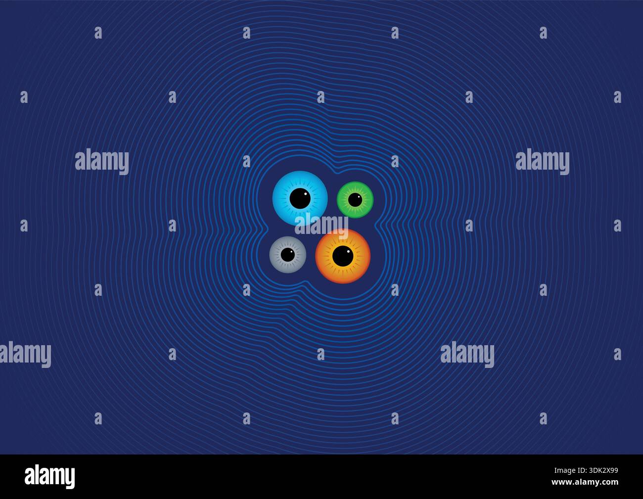 Bunte Augen auf dunkelblauem Hintergrund. Konzept mit blauen, grünen, orangefarbenen und grauen Augen Stock Vektor