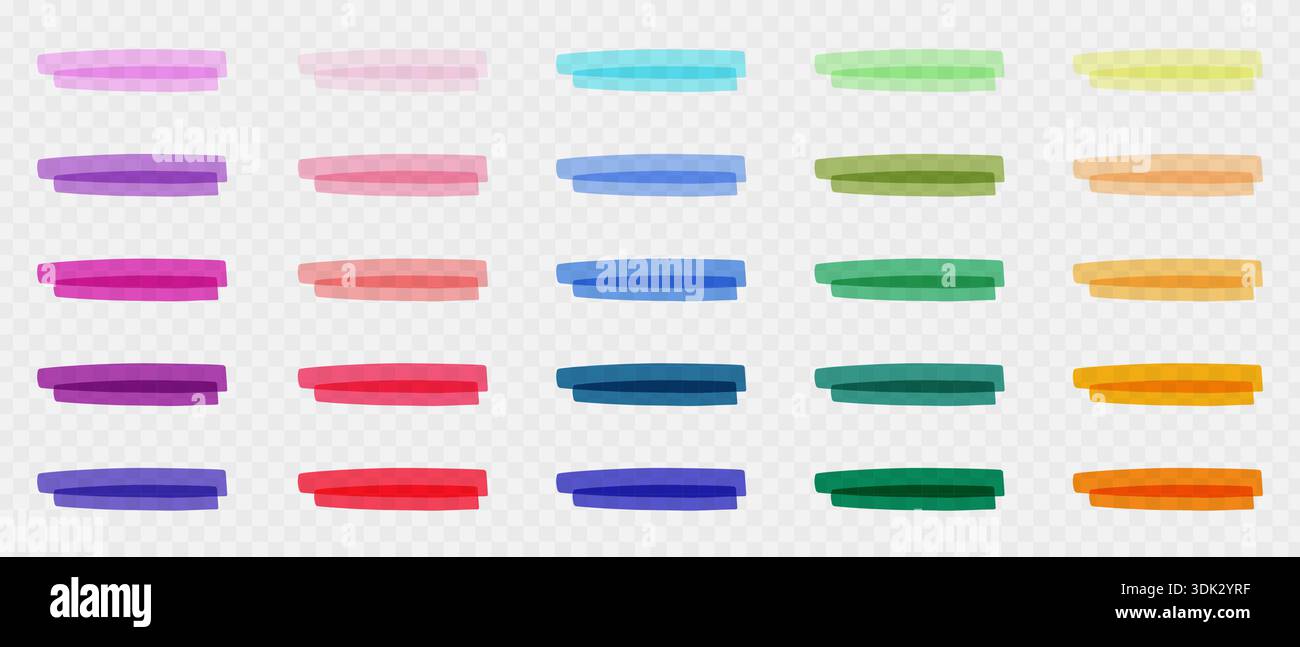 Textmarker-Set, farbige Filzstifte mit Doodle-Pinsel zum Hervorheben von Text, Unterstreichung, handgezeichnete Markierungsstriche Stock Vektor