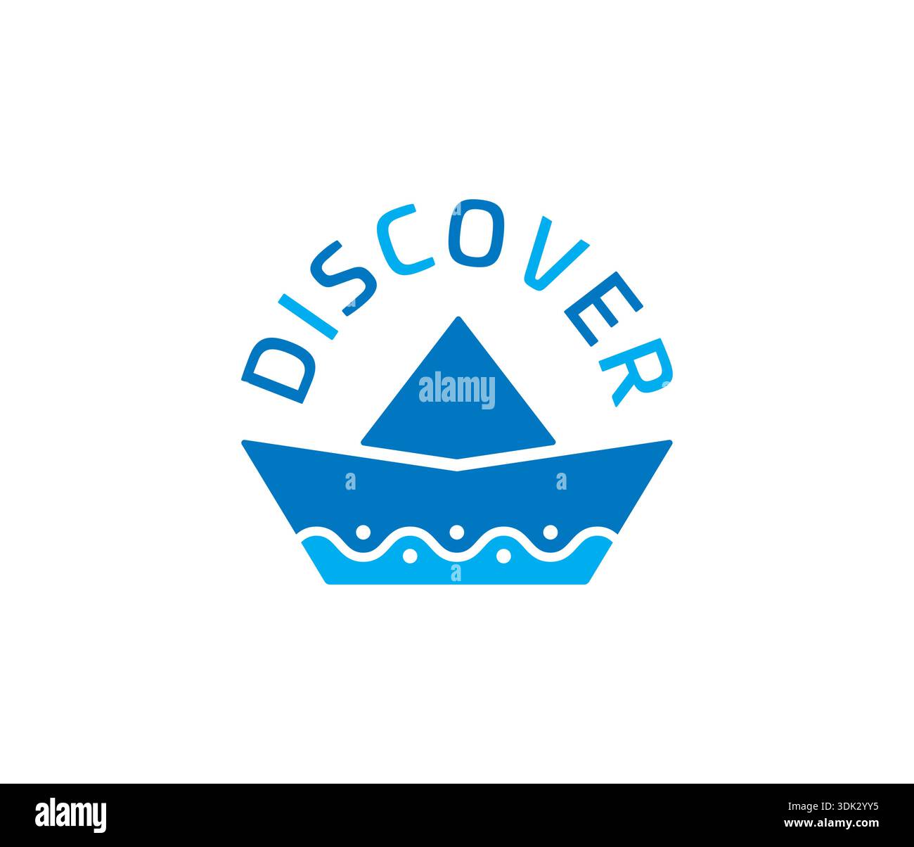 Entdecke Logo und Papierschiff. Blaues Discover-Logo. Stock Vektor