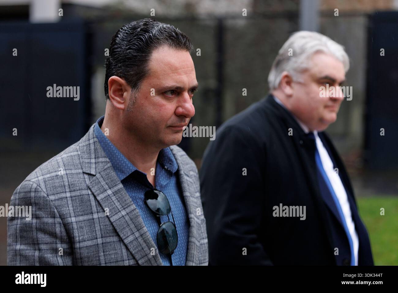 Armand Lako of Switzer (left) and Des Walshe, former financial adviser to Michael Flatlley, outside Belfast High Court, after a legal order blocking Mr Flatley from engaging with the Lord of the Dance production has been overturned. At The Chancery Court in the Royal Courts of Justice on Thursday, Mr Justice Simpson discharged a temporary injunction that had been secured against the dancer and choreographer. Picture date: Thursday January 29, 2026. Stockfoto
