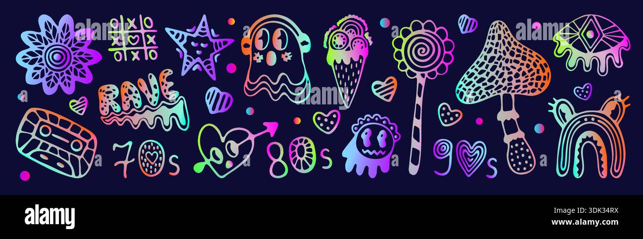 Neon psychedelische Doodle Hand gezeichnetes Vektorset. Ultrasaures holographisches Glühen isolierter Symbole. Pilz, Auge, Herzen, Geister, skurrile Charaktere. Holo Stock Vektor
