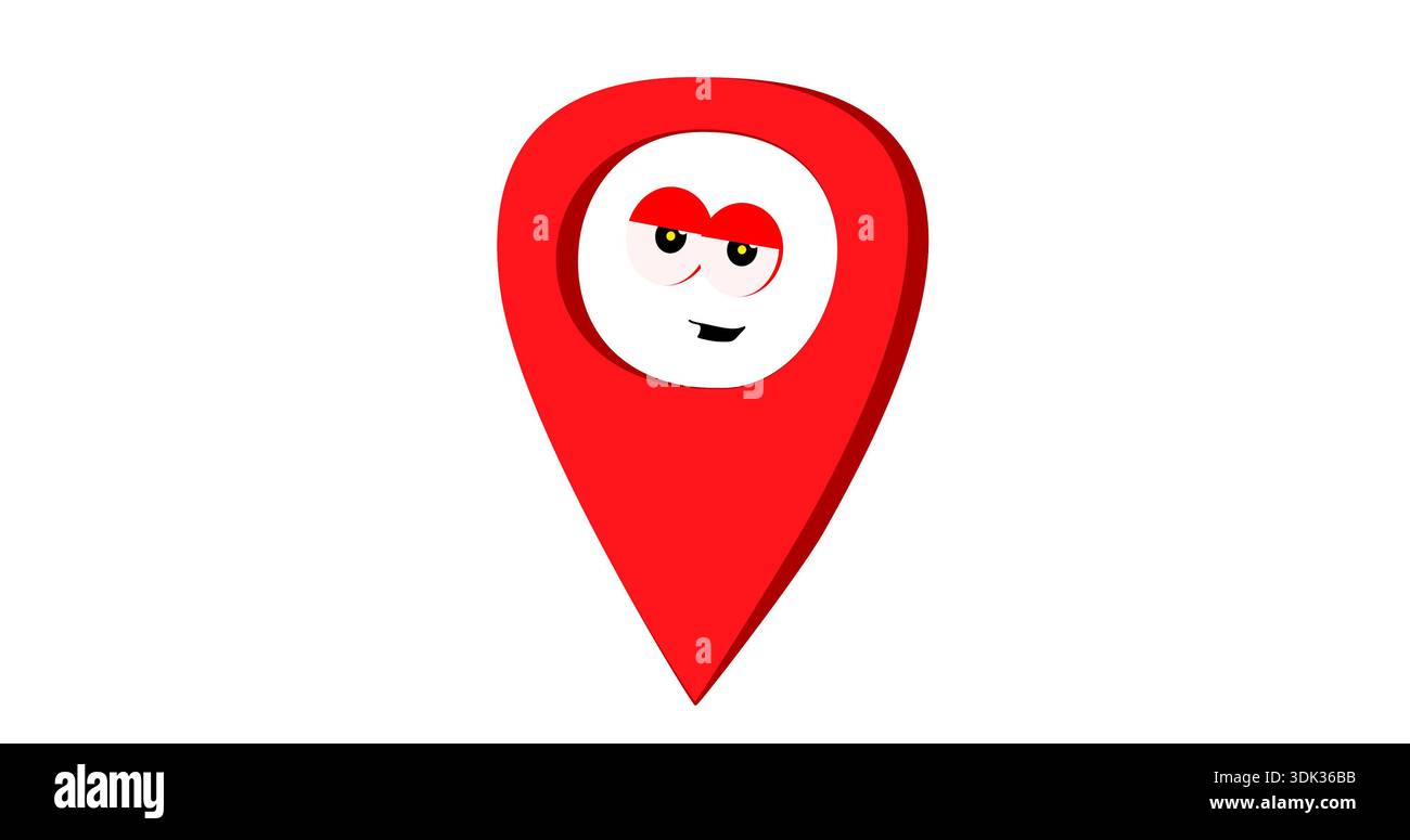 Rote GPS-Positionsnadel im Zeichentrickstil mit einem lächelnden Gesicht, die Navigation, Karten, Bereitstellungsdienste und standortbasierte Anwendungen darstellt. Freundlich und Stockfoto