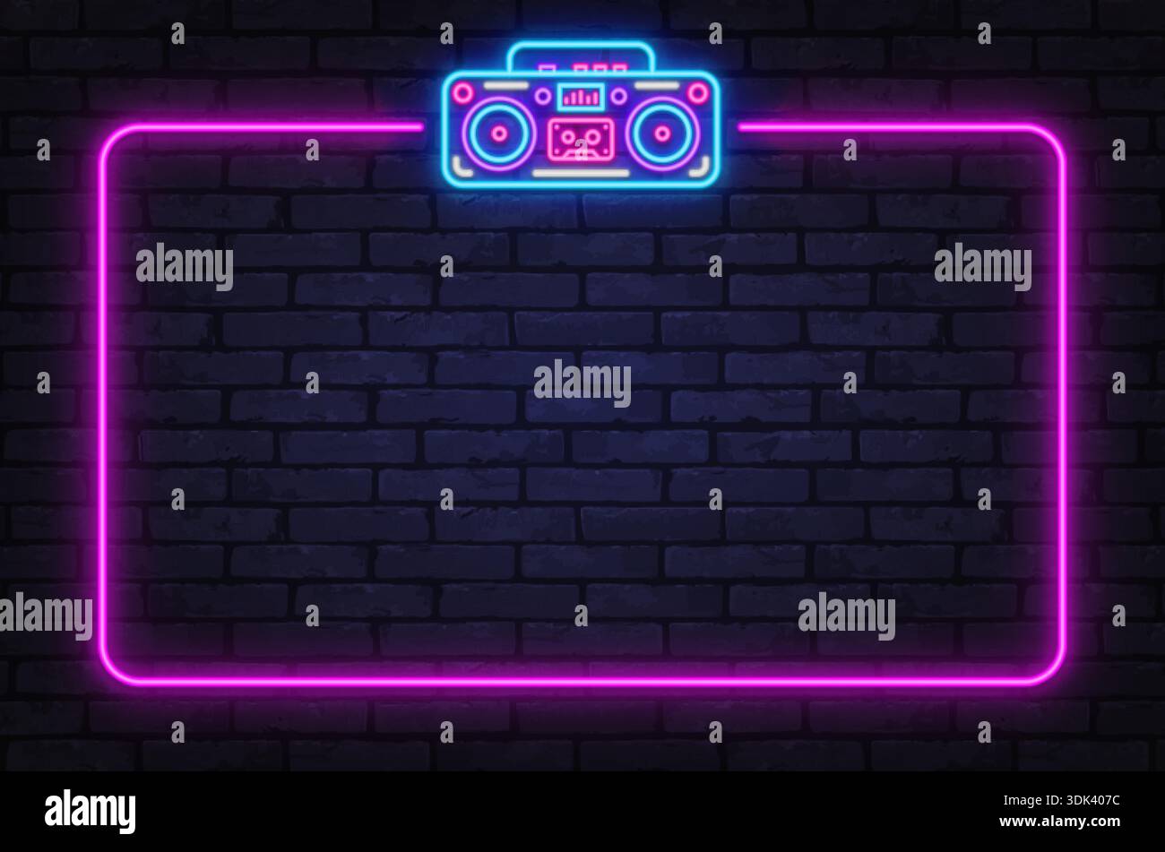 Neonrahmen mit Retro-Boombox, die an der Ziegelwand leuchtet. Hintergrund mit Musikmotiv, perfekt für Partyposter, Veranstaltungsbanner oder kreative Layouts. Stock Vektor