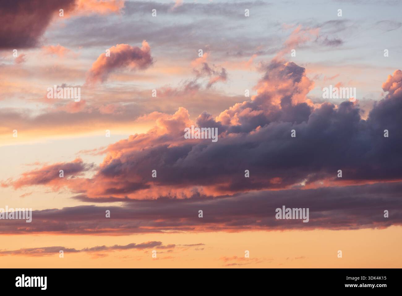 Wunderschöner Sommersonnenuntergangshimmel, lila, rosa, orange und blaue Schattierungen, Wolkenlandschaft Stockfoto