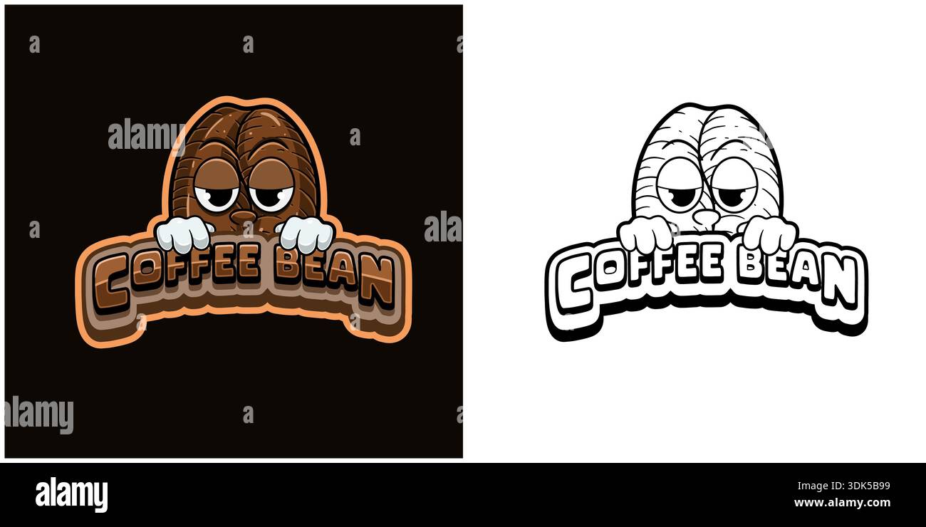 Coffee Bean Cartoon-Logo mit Text und hohem Ausdruck. Farbenfrohes und schwarzweißes Design. Stock Vektor