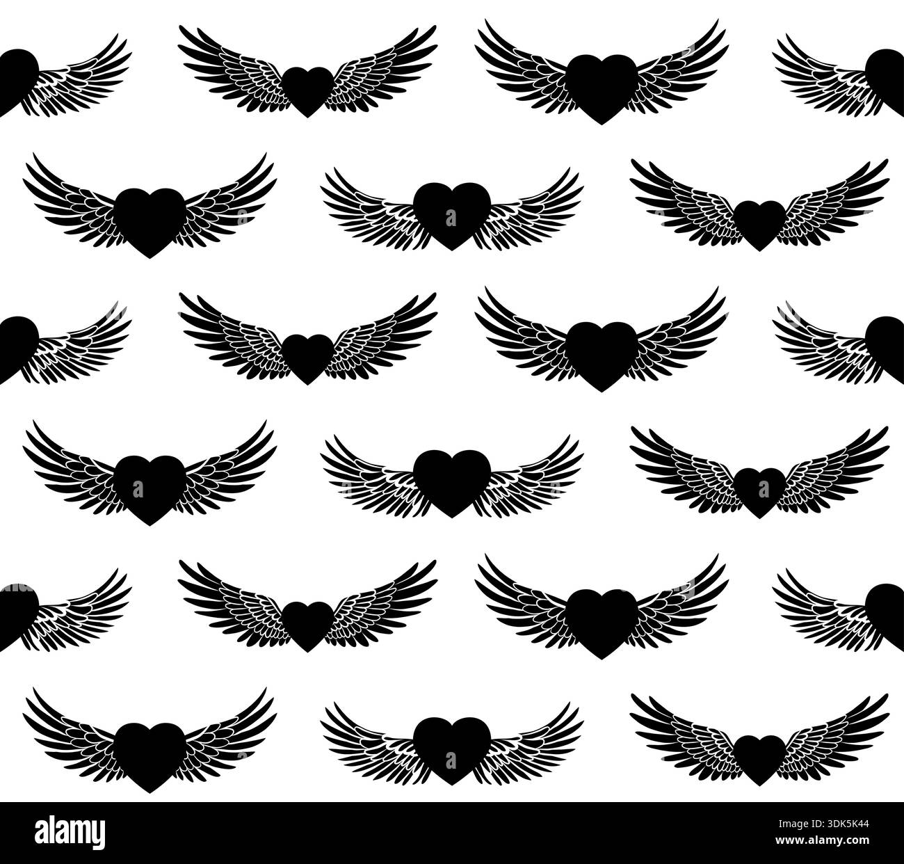 Nahtloses Muster mit geflügelten Herzen in schwarzer Silhouette. Romantisches symbolisches Design für Tapeten, Textilien, Geschenkpapier, Valentinskarten, Fashi Stock Vektor