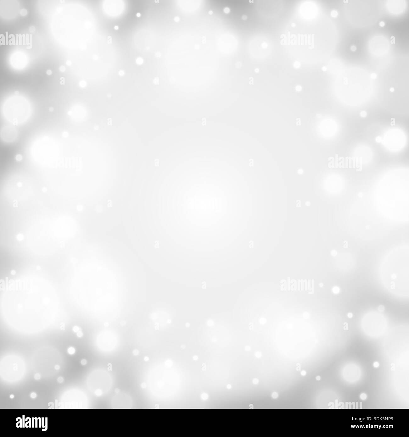 Eleganter silberfarbener und weißer Bokeh-Hintergrund mit weichen, schimmernden Lichtkugeln und einem leuchtenden Zentrum, festliche Winterfeier entwirft Karten Stock Vektor