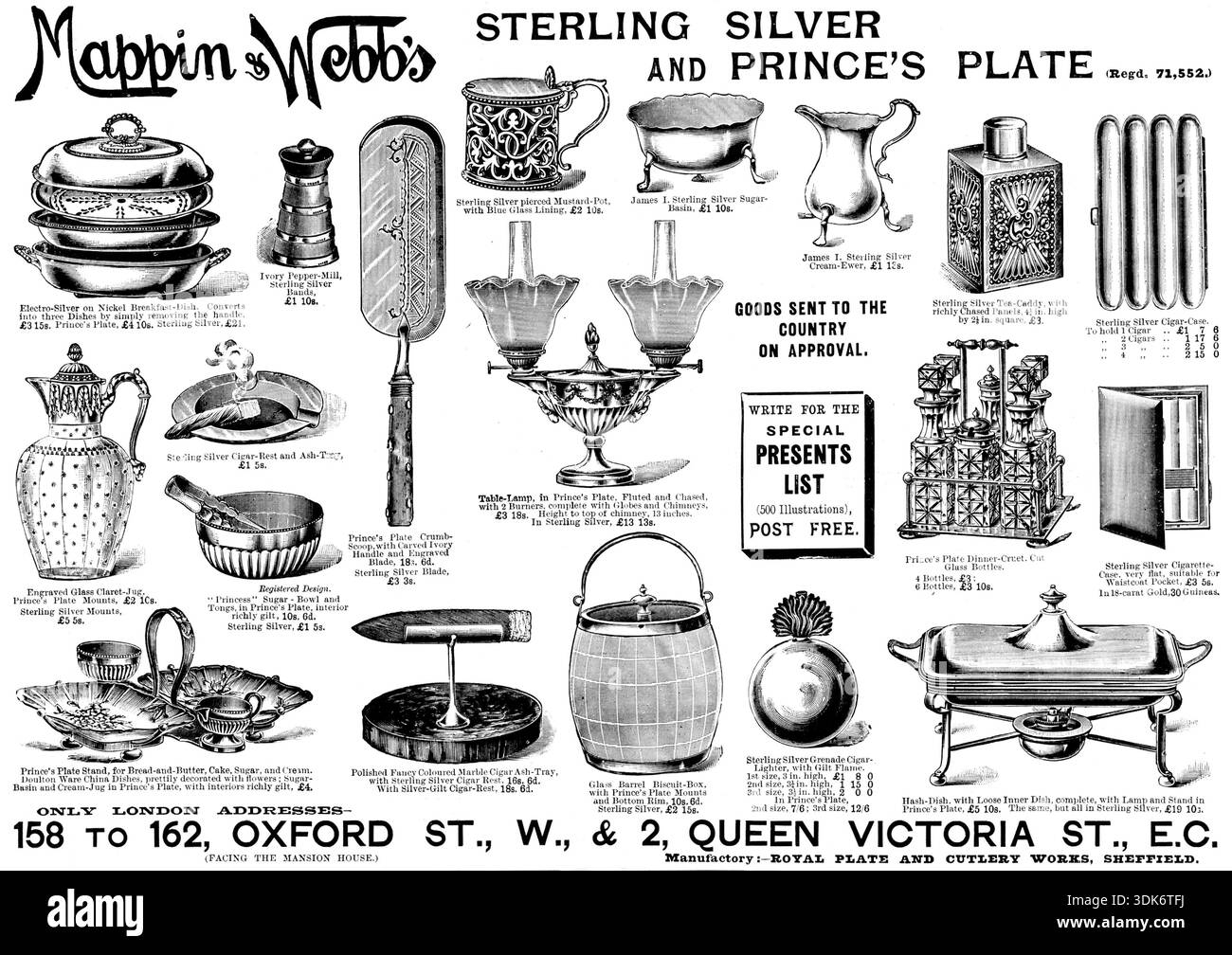 Werbung für Mappin &amp; Webb's Sterling Silver and Prince's Plate, 1895. Elektro-Silber auf Nickel Frühstücksschale. Lässt sich in drei Schüsseln umwandeln...Elfenbein Pfeffermühle...durchbohrter Senftopf...James I. Zuckerbecken...Creme-Ewer...Tee-Caddy...Zigarrenkoffer...Gravur Glas Claret-Krug...Zigarrenablage und Aschenbecher...Zuckerschüssel und Zange...Crumble-Scoop mit geschnitztem elfenbeinfarbenem Griff...Tischlampe...Dinner-Cruet - geschnittene Glasflaschen...Zigaretteneteller, Butterständer... Doulton Ware Porzellangerichte, hübsch mit Blumen dekoriert; Zuckerbecken und Creme-Krug in Prince Stockfoto