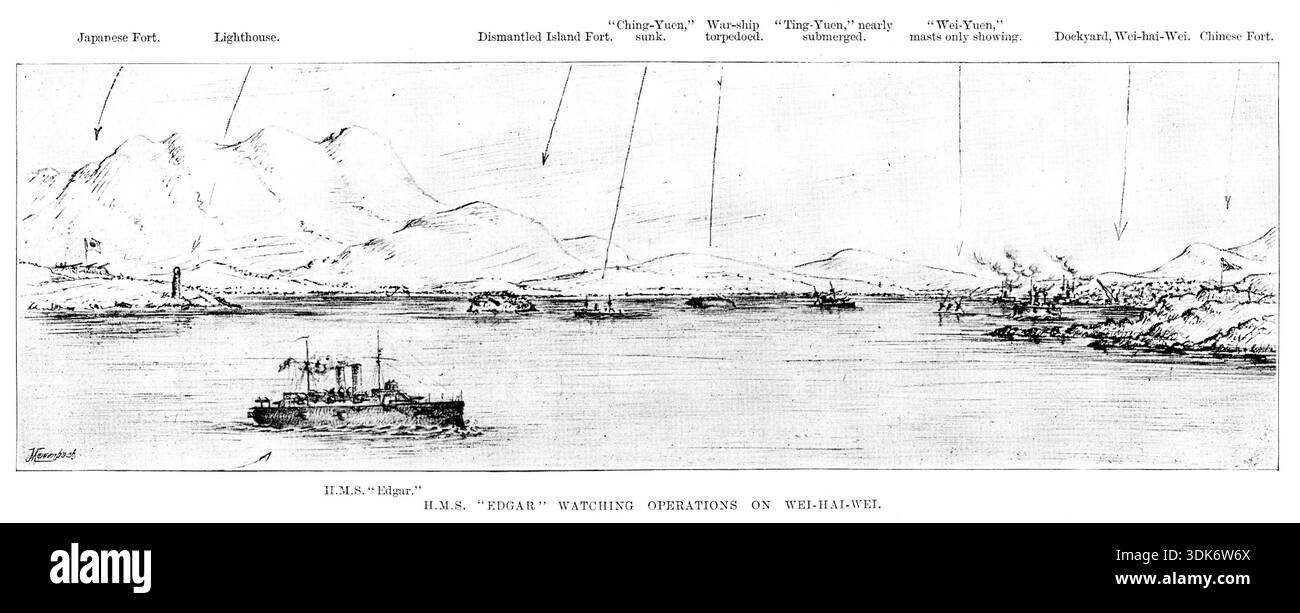Der Krieg in Ostasien: H.M.S. „Edgar“ beobachtet Operationen auf Wei-Hai-Wei, 1895. „Japanisches Fort. Leuchtturm. Demontiertes Island Fort. "Ching-Yuen", versenkt. Kriegsschiff torpediert. "Ting-Yuen", fast untergetaucht. "Wei-Yuen", nur Masten. Werft, Wei-hai-Wei. Chinesisches Fort. H.M.S. "Edgar"..."die veralteten Schiffe und Geschützschiffe dampften über den östlichen Eingang und feuerten auf Inselfestungen und auf die chinesische Flotte, die, als Antwort, auf feste Punkte und Entfernungen zu schießen schien. Diese Taktik hielt mehrere Tage an. In den Nächten vom 5. Februar Stockfoto
