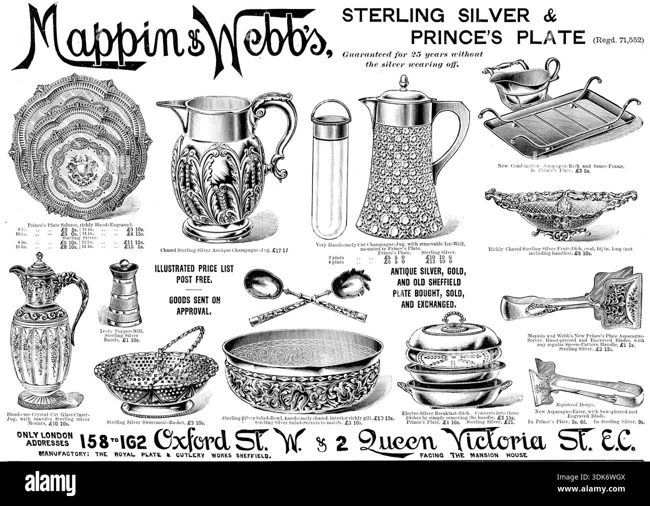 Werbung für Mappin &amp; Webb's Sterling Silver and Prince's Plate, 1895. 'Garantiert für 25 Jahre ohne das Silber abgenutzt...Prince's Plate Salvers, reich handgraviert...Chased Sterling Silver Anque Champagne-Krug...ILLUSTRIERTE PREISLISTE NACHTRÄGLICH KOSTENLOS. WARE AUF GENEHMIGUNG VERSCHICKT...ANTIKES SILBER, GOLD UND ALTER SHEFFIELD-TELLER GEKAUFT, VERKAUFT UND AUSGETAUSCHT...sehr schön geschnittener Champagner-Krug, mit abnehmbarem Eisbrunnen, montiert in Prinz's Teller...neue Kombination Spargel-Rack und Soßen-Rahmen...reich gejagte Sterling Silber Obstschale...schöner Kristallschliff Glas Claret-Krug...Elfenbein Pfeffer- Stockfoto