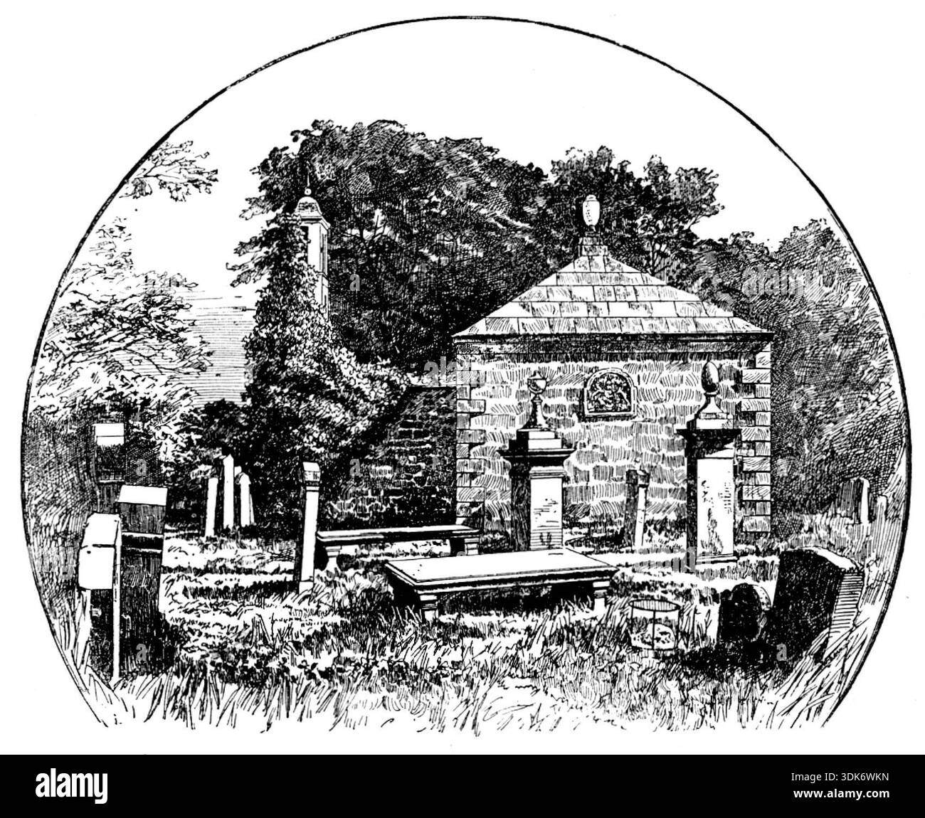 Das Boswell Centenary: Auchinleck Churchyard, mit dem Familientresor von Lord Auchinleck, in dem James Boswell begraben wurde, 1895.Boswell (1740–1795) war Rechtsanwalt, Diarist, Biograph und Autor von „Life of Samuel Johnson“. Aus Illustrated London News, 1895. Stockfoto