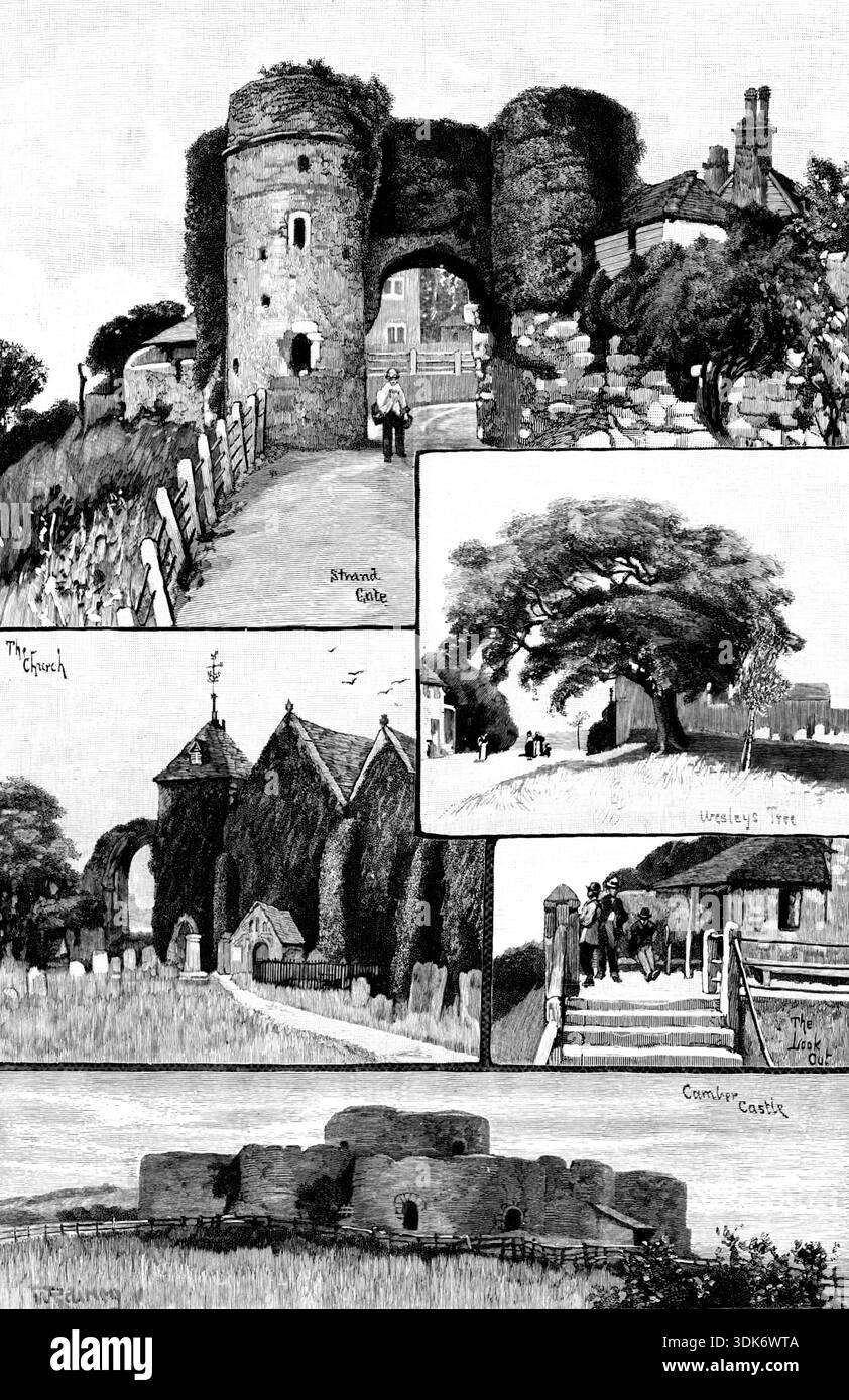 Rambling Sketches: Winchelsea, 1895. 'Strangtor; die Kirche; Wesley's Tree; The Look Out; Camber Castle. Dieser antike Cinque Port ist für jeden Liebhaber der malerischen Landschaft von Interesse. Es hat Erinnerungen, an denen antiquitäten erfreuen, und Schönheiten, die nicht weniger sind, weil sie den Eindruck von Jahrhunderten tragen. Unsere Abbildungen zeigen verschiedene Teile von Winchelsea, einschließlich des Baumes, unter dem der unermüdliche Missionar Wesley predigte. In Kriegstagen gab die Stadt eine gute Bilanz von sich, wie die Festungen bezeugen. Einer seiner modernen Ansprüche auf Beanstandung könnte die Tatsache sein Stockfoto