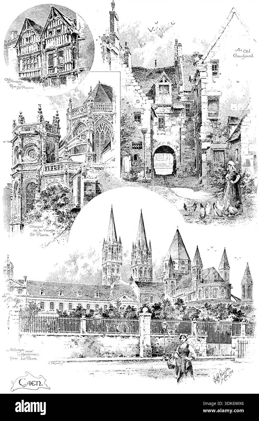 Rambling Sketches: Caen, 1895. "Alte Häuser in der Rue St. Pierre; ein alter Innenhof; Chapel de la Vierge, St. Pierre; Abbaye aux Hommes aus Le Parc. Wir haben in einer kürzlich erschienenen Ausgabe auf die Schönheiten der antiken Stadt Caen hingewiesen, so dass es keinen Grund gibt, das Thema unserer Illustration weiter zu erweitern, als zu sagen, dass antiquare in einem Gebäude wie der Abbaye aux Hommes schwelgen werden. Die älteste Kirche in Caen ist St. Etienne-le-Vieux. Besucher sollten die 148 Rue St. Jean besuchen, die an der Stelle des Hauses steht, in dem Charlotte Corday ihre Pläne zur Emanzipation Frankreichs von Marat reifte. Von Stockfoto