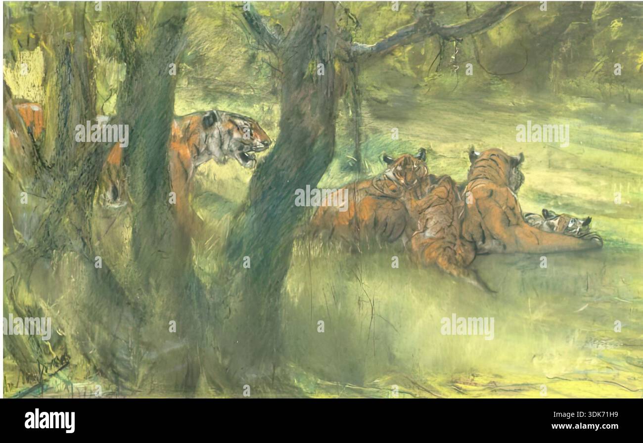 Landschaft mit Tiger und Jungtieren, 1900-1910. Stockfoto