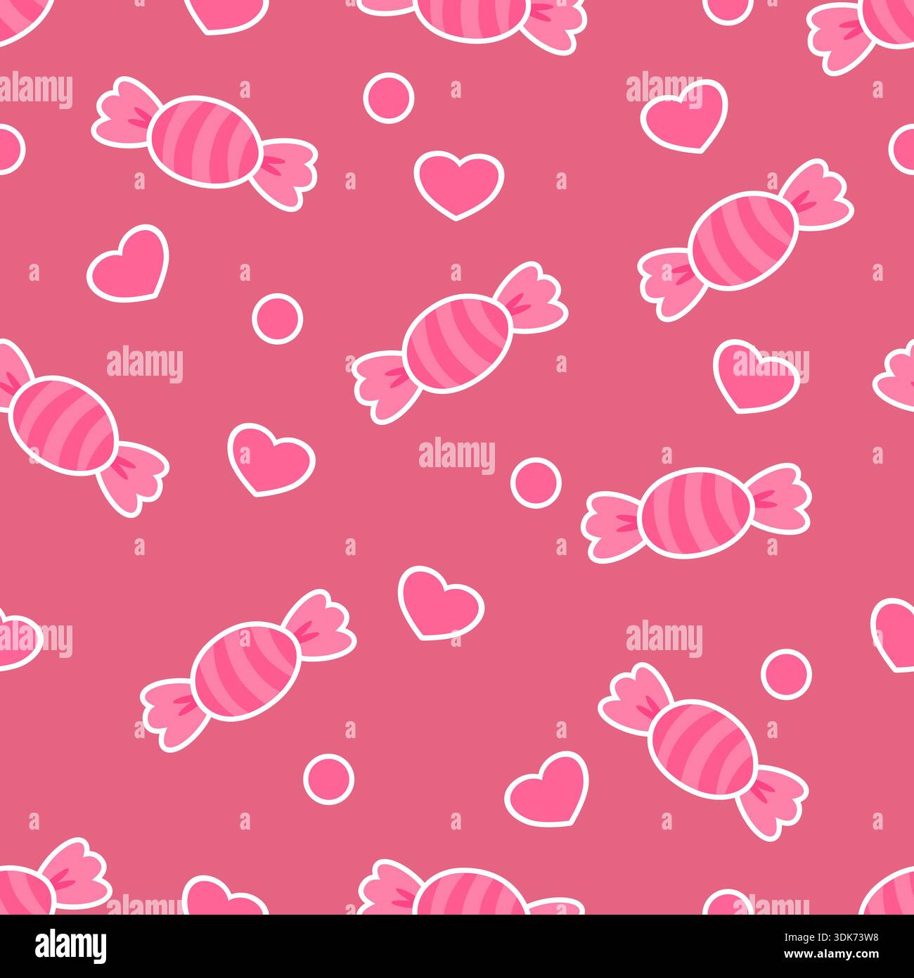 Nahtloses süßes Süßigkeiten-Muster auf rosa Hintergrund mit Herzen und Punkten. Niedliche Vektorillustration für Valentinstag, Geschenkpapier, Tapete, Textil Stock Vektor