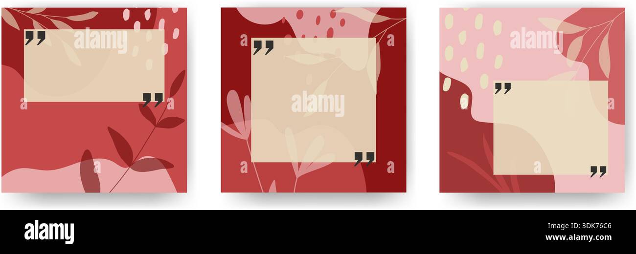 Gruppe von Hintergründen mit Dialogfeldern und Anführungszeichen. Layouts für Text. Romantische quadratische Vorlagen für Hochzeiten, Valentinstag, Feiertage. Vektor Stock Vektor