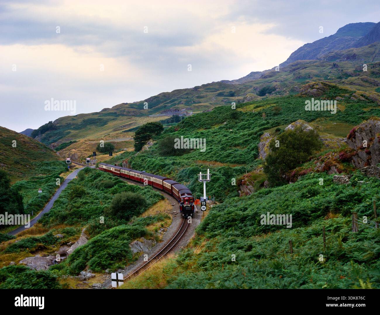 Sehen Sie sich eine moderne Fairlie's Patent Dampflok an, die sich dem Bahnhof Tanygrisiau an der Ffestiniog Railway in Gwynedd, Wales, Großbritannien nähert. Stockfoto