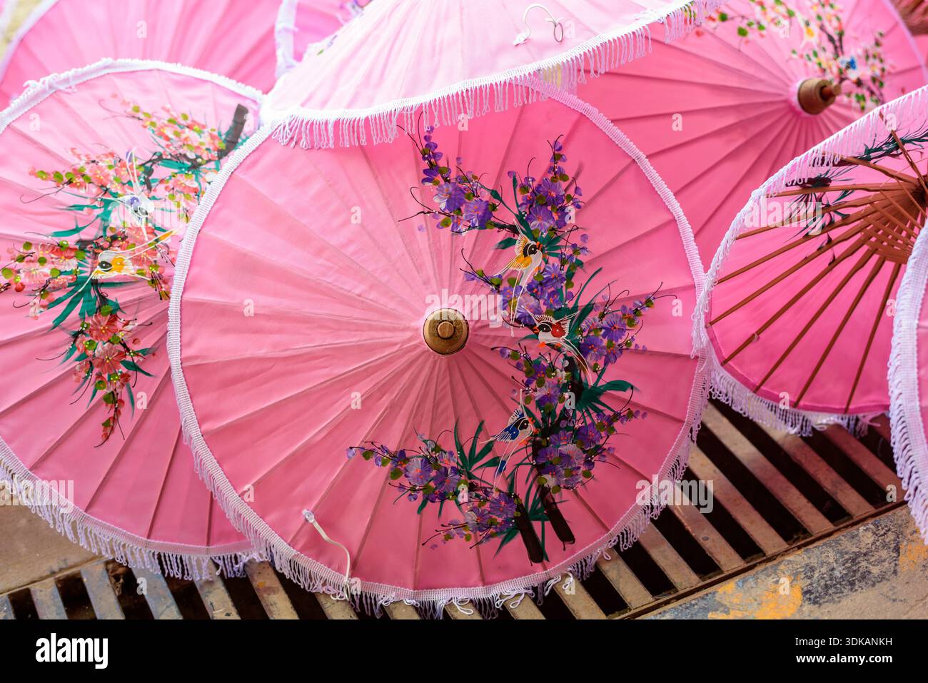 Traditionelle pinkfarbene Papierschirme werden im Dorf Bo Sang, Chiang Mai, Thailand, ausgestellt. Stockfoto